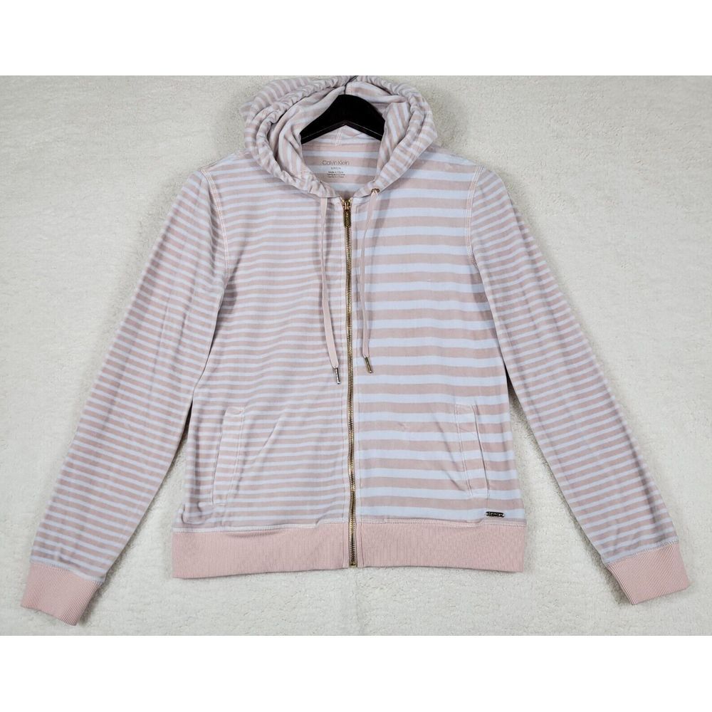 Calvin Klein Sweater Womens Small Pink Striped Hoodie Velour Long‎ Sleeve Zip